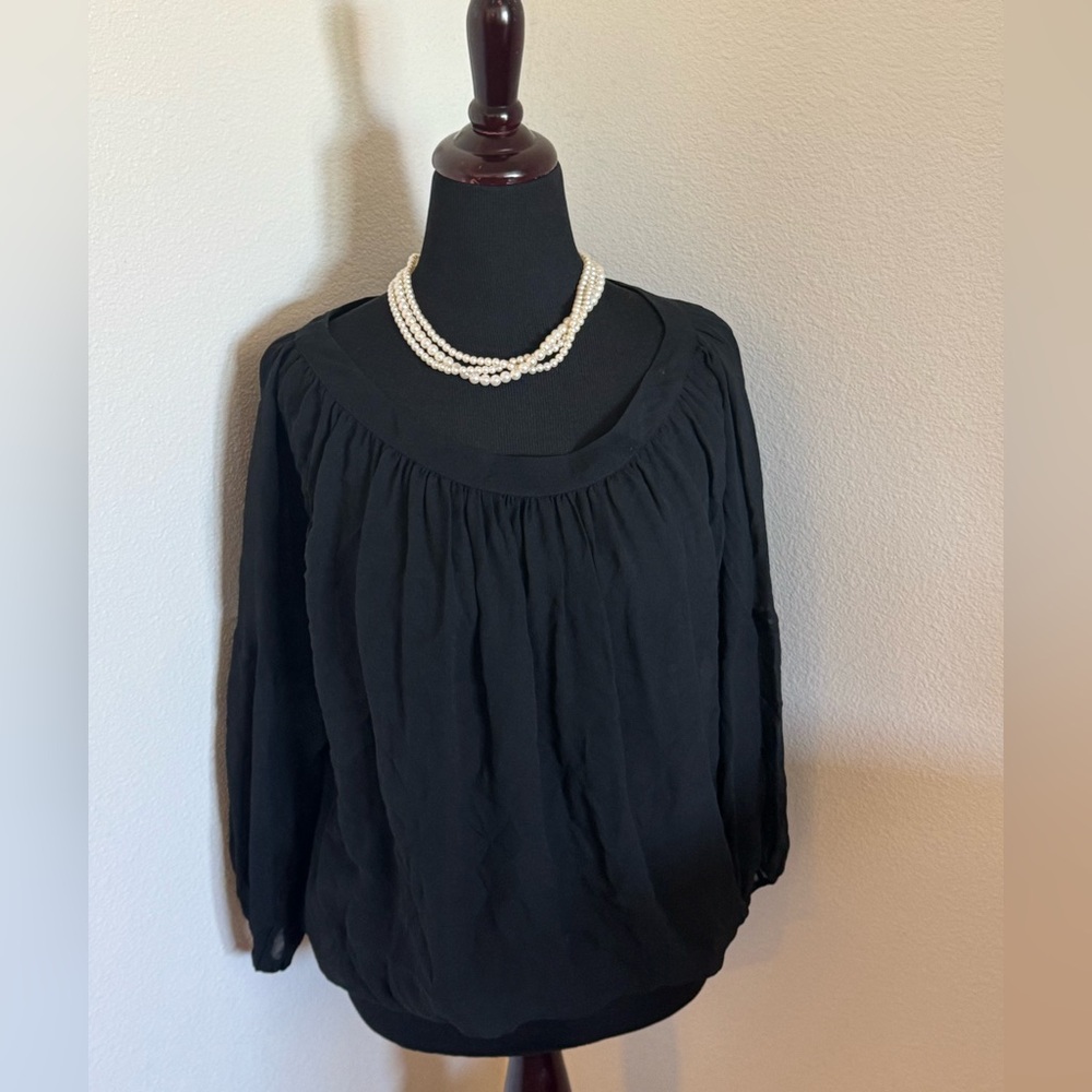 Max&co Chemises Black 100% Silk Chiffon Blouse Top Banded Flowy Semi Sheer 6